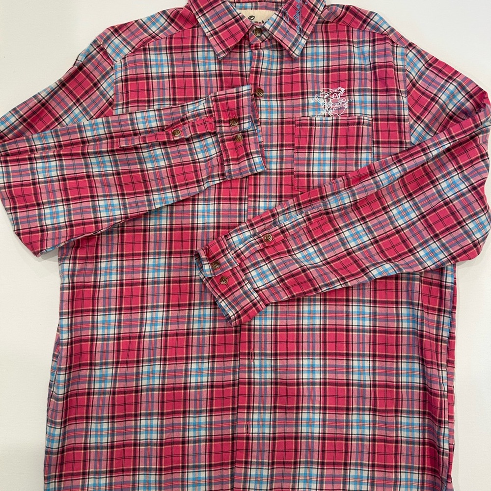 Disney X Cakeworthy Men's Pink and Blue Plaid Cinderella Shirt Embroidered Large